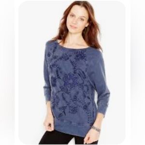 Lucky Lotus Embroidered Applique 3/4 Sleeves Blouse Denim Blue Floral Design Tee